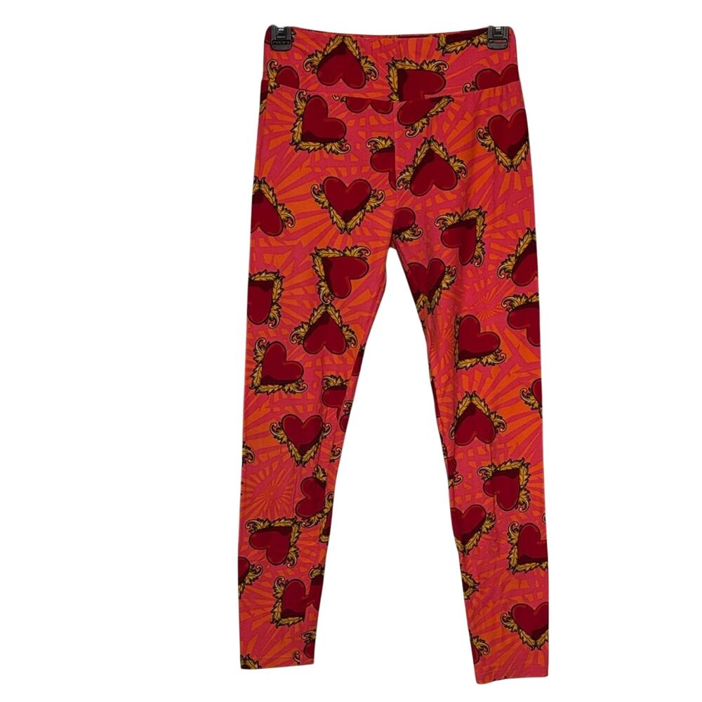 LuLaRoe One Size Leggings Red Heart Print Valentine Bold Stretch